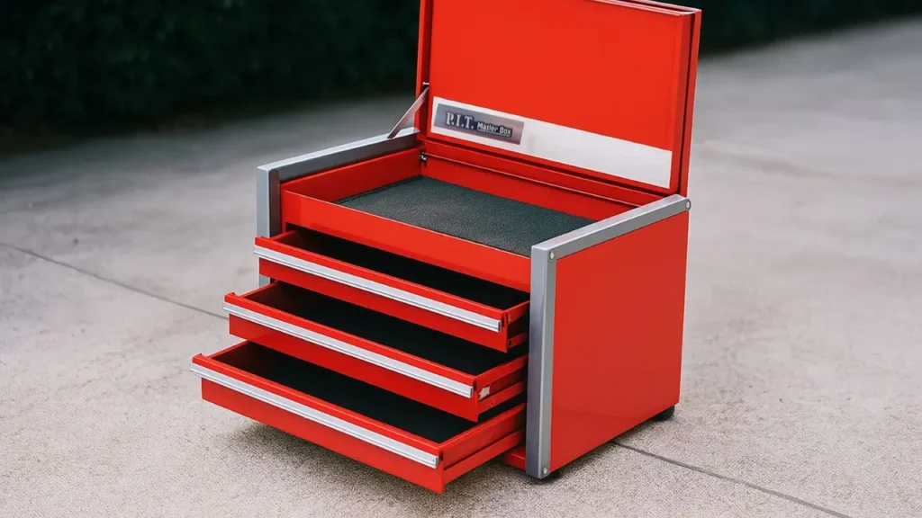 Red PIT Master Box mini tool chest with three drawers open, showing an empty organized interior, on an outdoor concrete surface. Perfect for smart ai gears storage.