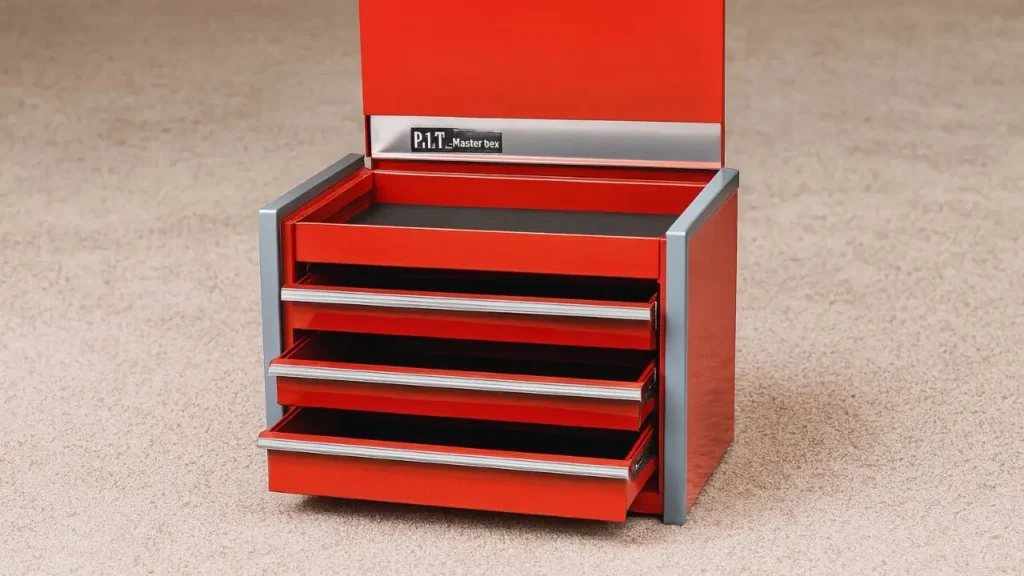 Red PIT Master Box mini tool chest with three drawers open, empty and ready for organization, placed on an indoor carpeted floor. Ideal smart ai gears desk storage.