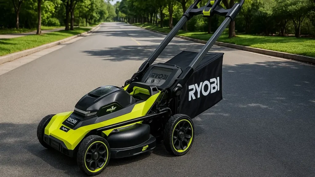 A man using the Ryobi 40V HP brushless self-propelled electric push mower on a lush green lawn.