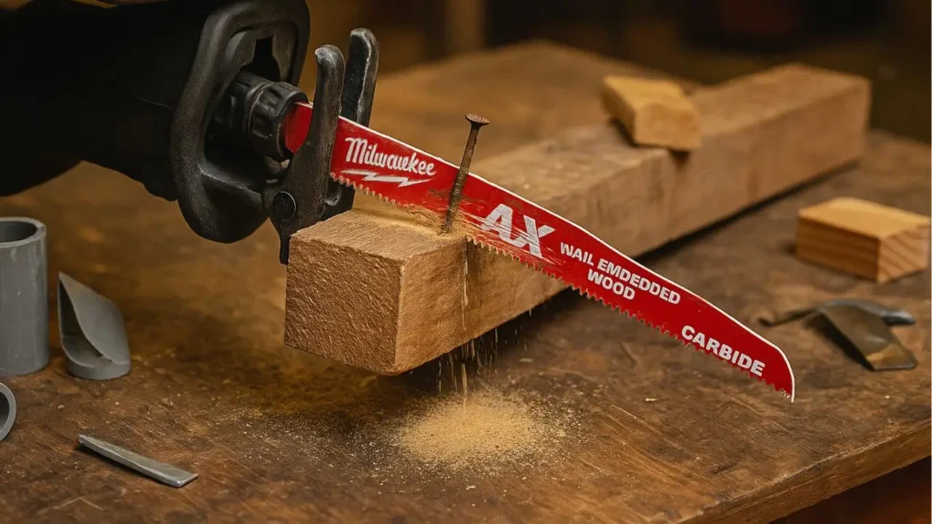 Milwaukee AX Carbide Sawzall blade cutting nail-embedded wood during a test, showing active use.