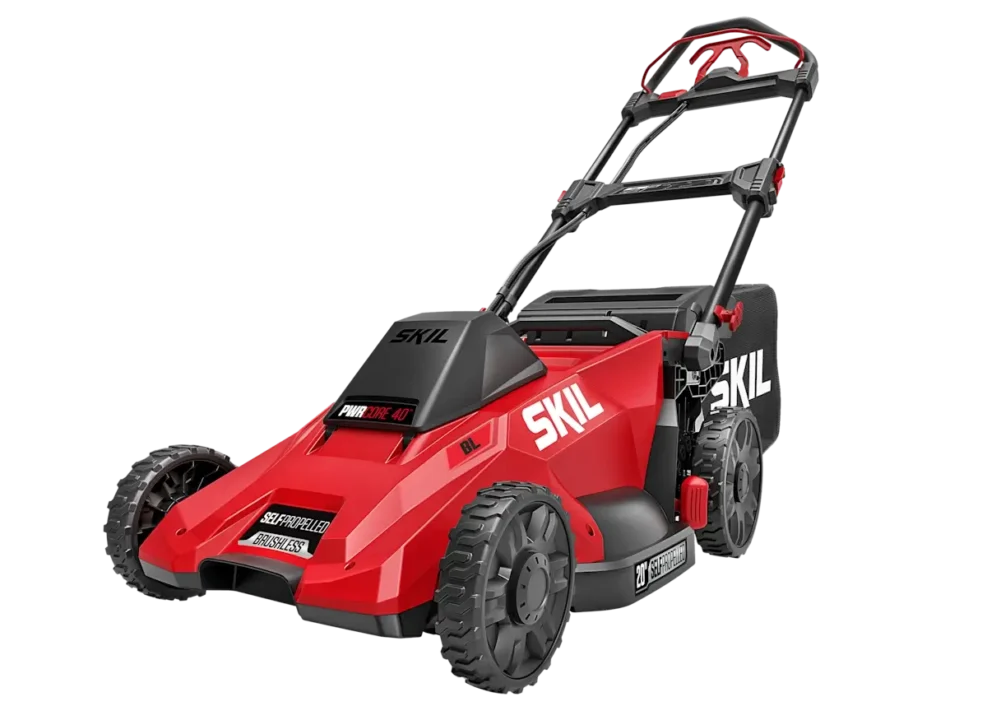 The red Skil PWRCore 40 20-inch self-propelled brushless electric mower.