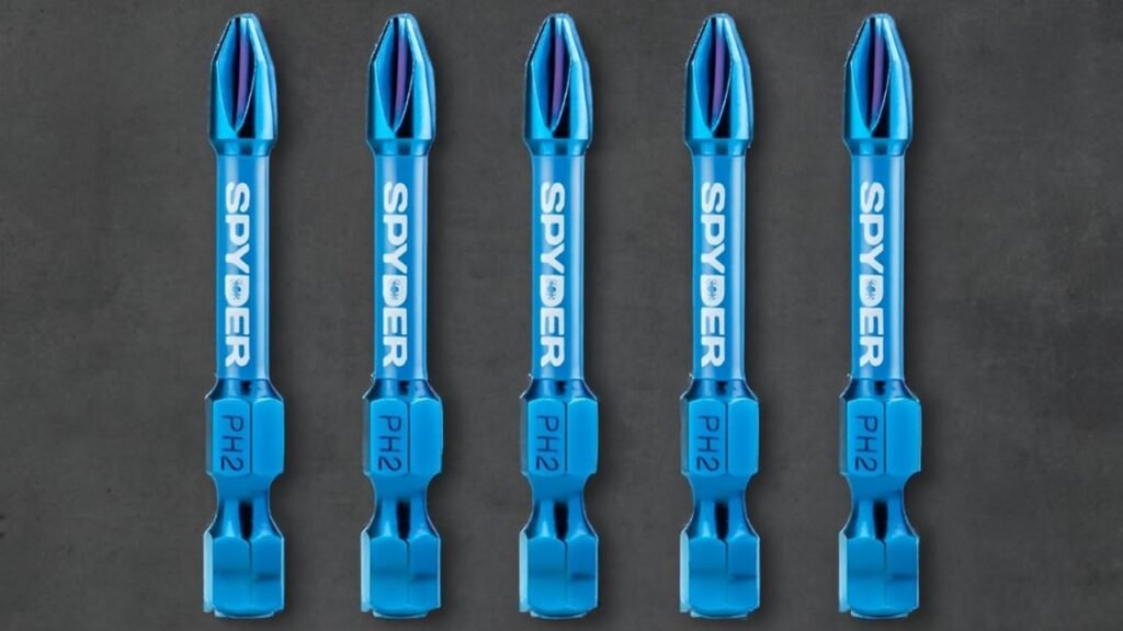 Five Spyder PH2 screwdriver bits with a sleek blue metallic finish, neatly aligned with visible "SPYDER" branding and "PH2" etchings.