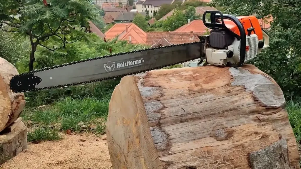 Stihl 084 Chainsaw resting on a log, ready for tough cutting tasks, showcasing its power and precision.