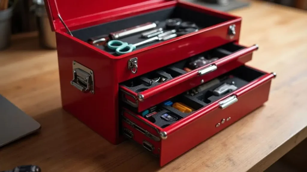 Red mini toolbox with drawers open, showcasing organized tools and EDC gear. Ideal for smart ai gears enthusiasts seeking compact storage.