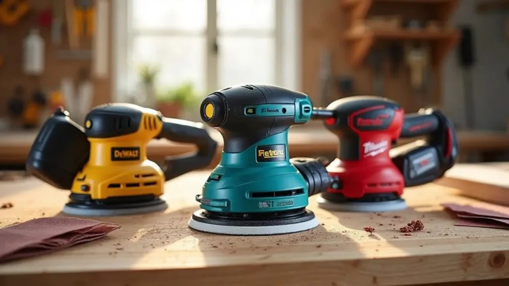 Three of the best cordless sander for wood models from DeWalt, Festool, and Milwaukee are displayed on a wooden workbench, ready for the Smart AI Gears review.