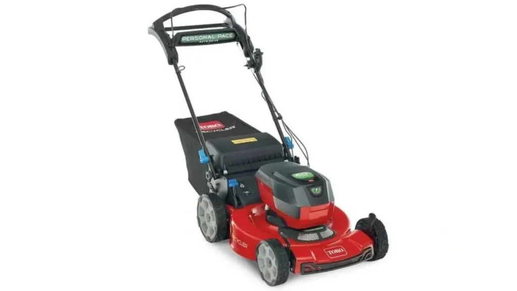 The red Toro 60V Max 22-inch Recycler electric mower with Personal Pace technology.