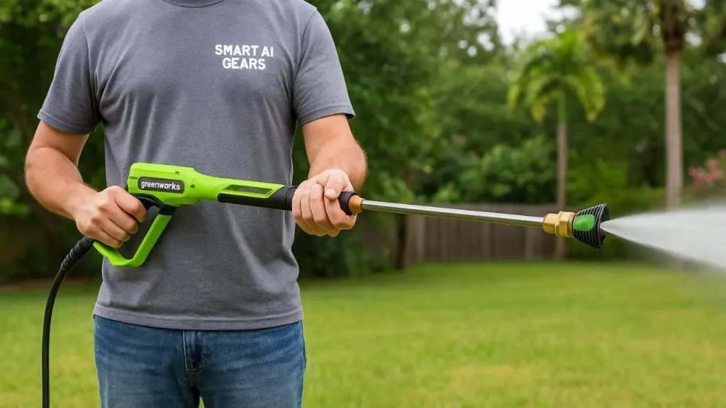 A man comfortably holding the ergonomic Greenworks pressure washer spray wand while cleaning in his backyard.