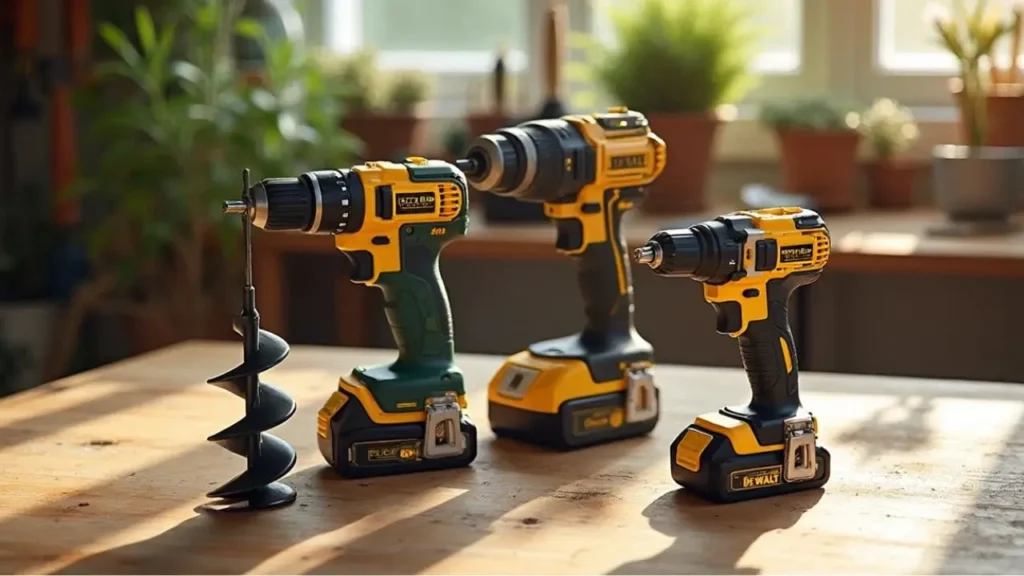 Three powerful drills on a workbench, with a large garden auger bit attached to one, showcasing the best cordless drill for garden auger options reviewed by Smart AI Gears.