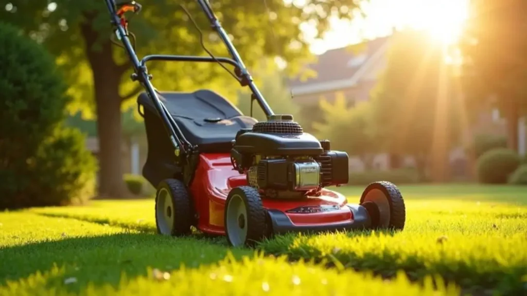 A powerful red mower, representing the Best Gas Push Mower reviewed by Smart AI Gears, sits on a perfectly manicured lawn in the bright morning sun.
