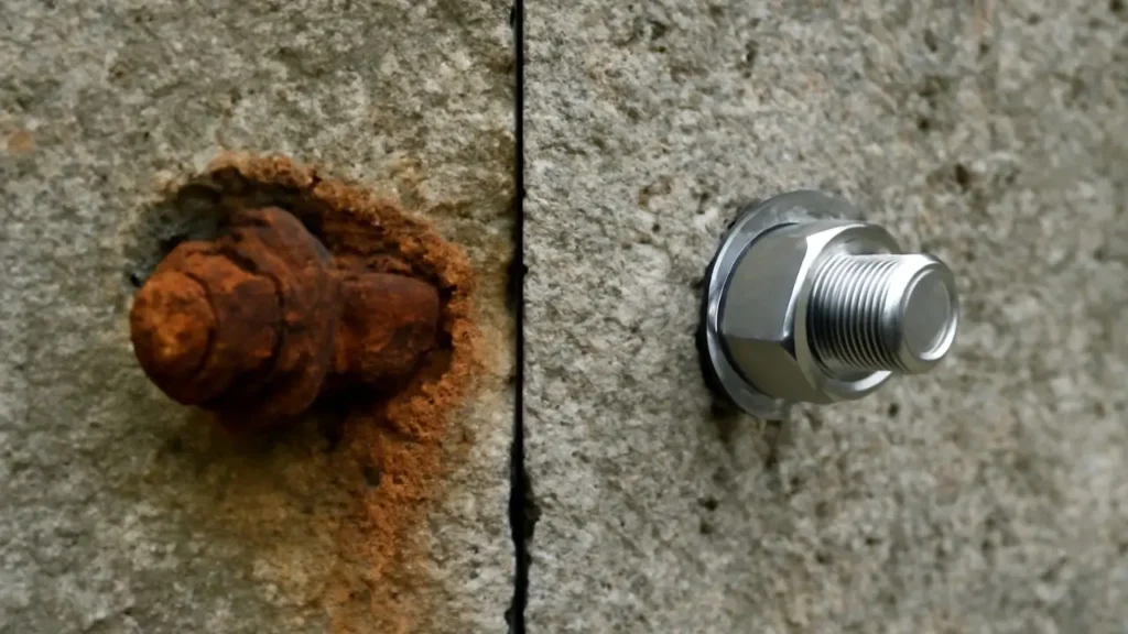 A comparison showing a rusted, failing bolt next to a durable, corrosion-resistant stainless steel anchor.