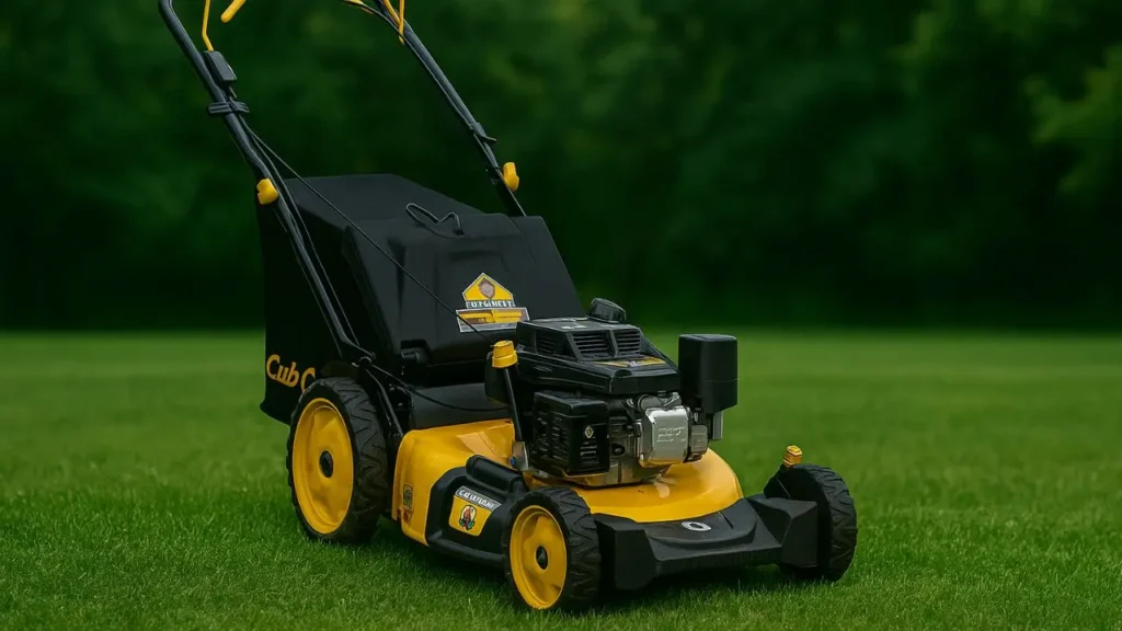 The yellow and black Cub Cadet SC500K gas push mower sitting on a lush green lawn, angled to show its side profile and bagging unit.