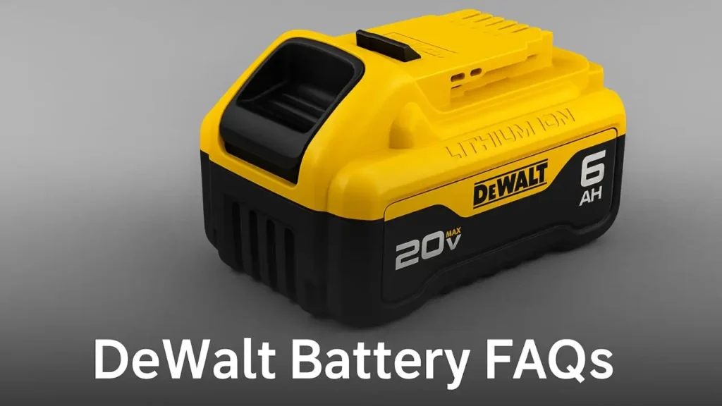 A DeWalt 20V MAX 6Ah battery on a grey background, serving as the hero image for the Smart AI Gears guide to DeWalt Battery FAQs.