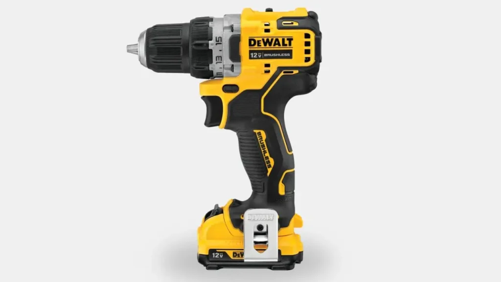 A studio product shot of the compact and ergonomic DeWalt DCD701F2 12V brushless cordless drill against a black background.