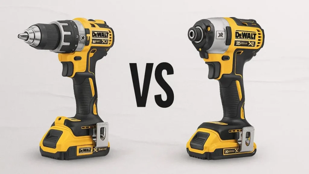 Side-by-side comparison of a DeWalt drill/driver and a DeWalt impact driver highlighting their visual and functional differences.