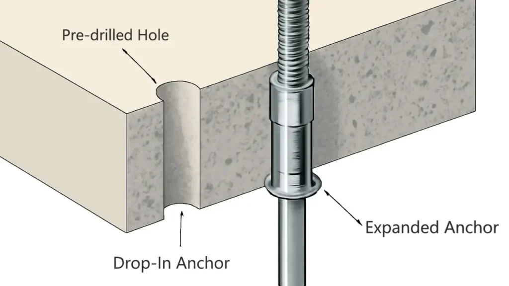 A diagram explaining the installation of a drop-in anchor for overhead fixtures in concrete.