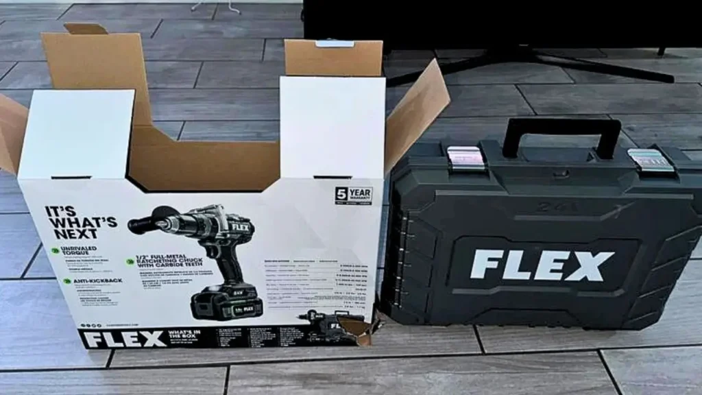 The packaging and heavy-duty carrying case for the FLEX FX1171T-2B 24V cordless drill, showing its features and 5-year warranty.