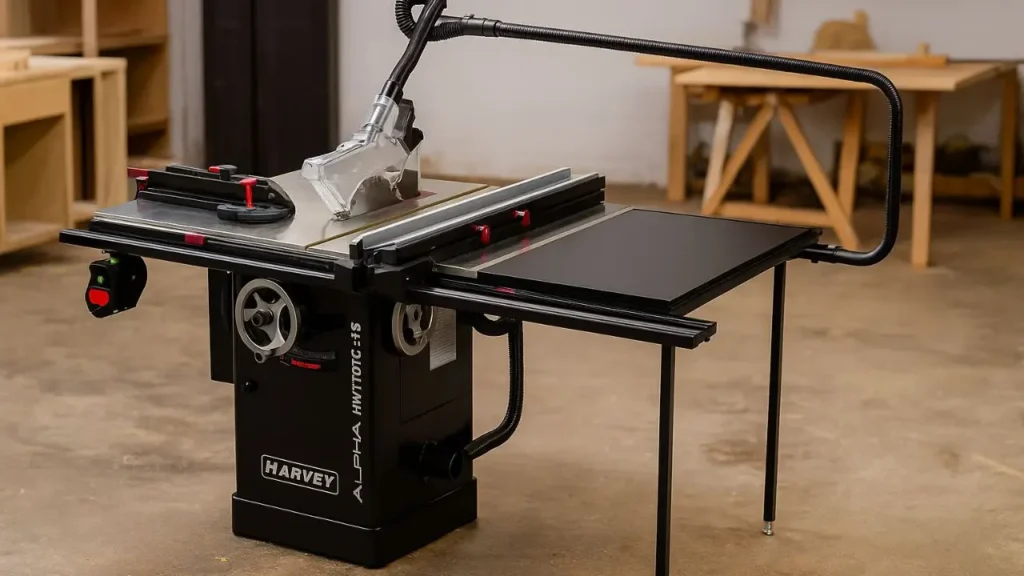 A professional shot of the Harvey Alpha table saw in a workshop, the subject of a 500-hour Harvey table saw review by Smart AI Gears.
