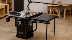 A professional shot of the Harvey Alpha table saw in a workshop, the subject of a 500-hour Harvey table saw review by Smart AI Gears.
