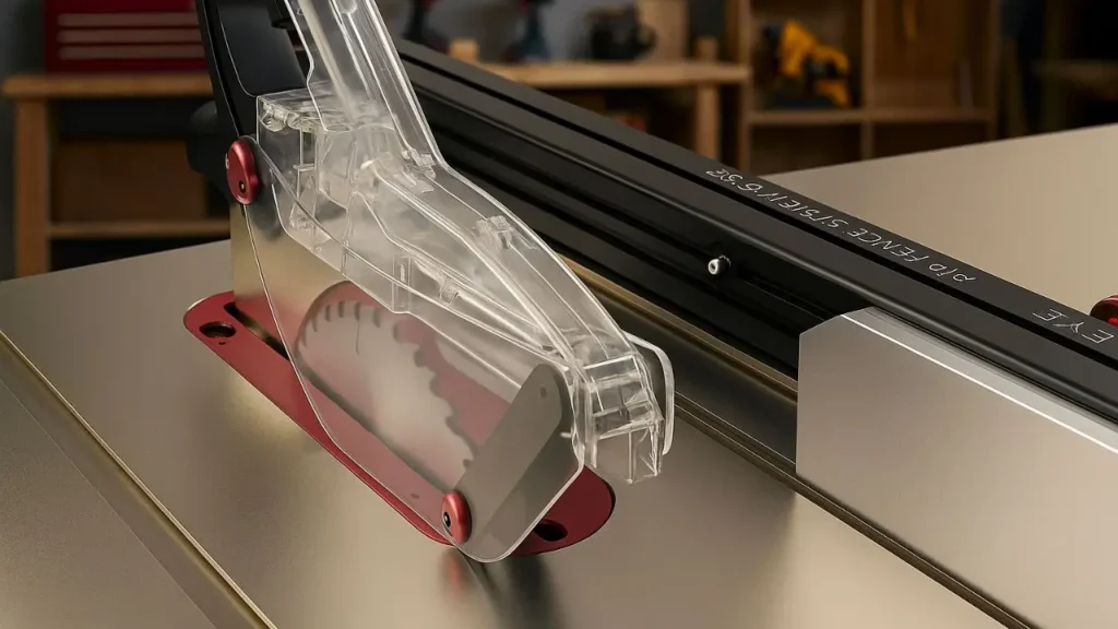 A detailed close-up shot of the Harvey Alpha table saw's Big Eye Rip Fence System and the clear blade guard.