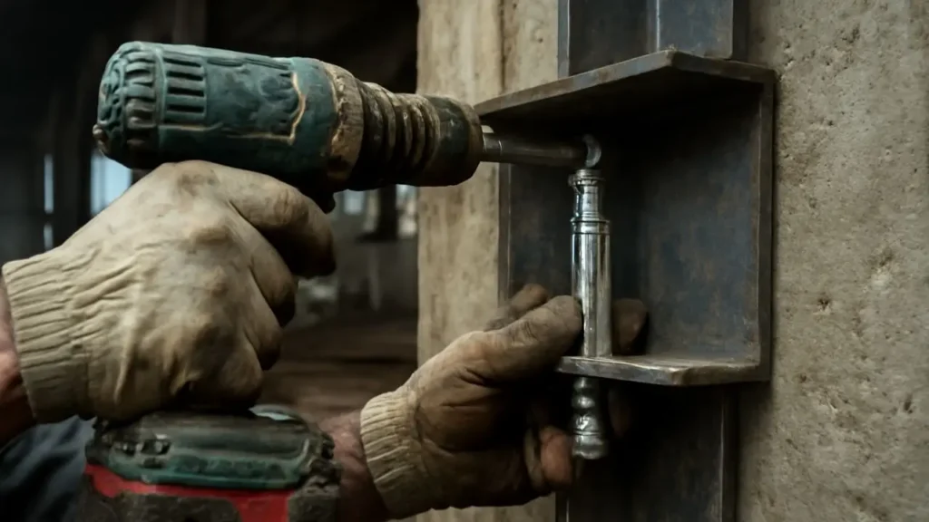 A construction worker securely fastening a steel beam to a concrete wall using a heavy-duty expanding screw.