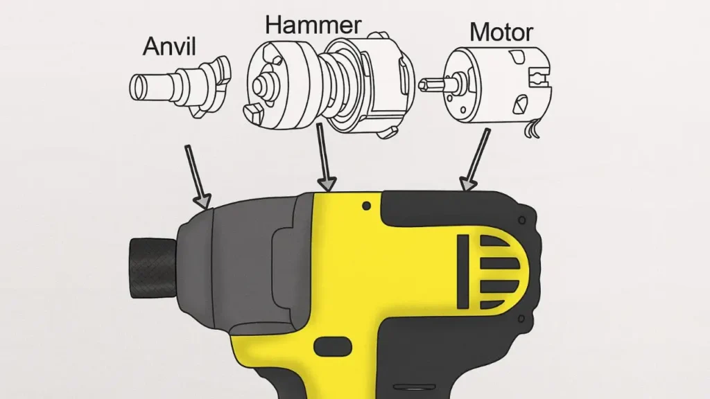Diagram illustrating the internal components of an impact driver, including the motor, hammer, and anvil, and how they interact to create torque.