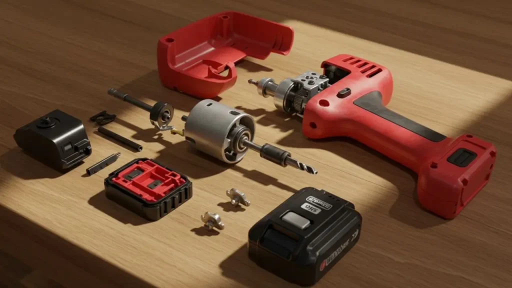 A power drill taken apart, with its motor, battery cells, and plastic casing laid out on a workbench to show the concept of global parts.