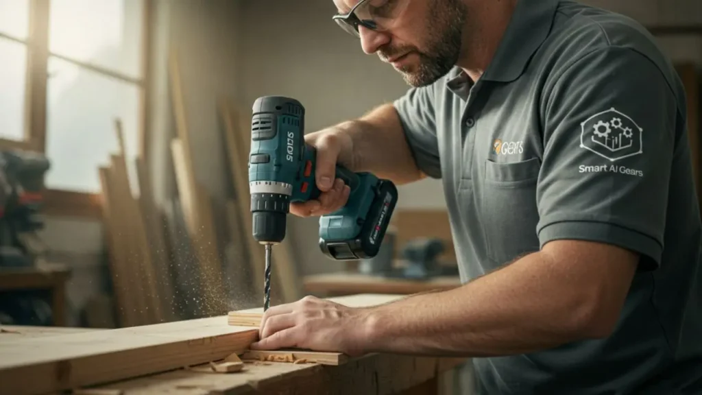 A worker demonstrating good power tool safety by focusing on his work in the Smart AI Gears workshop.