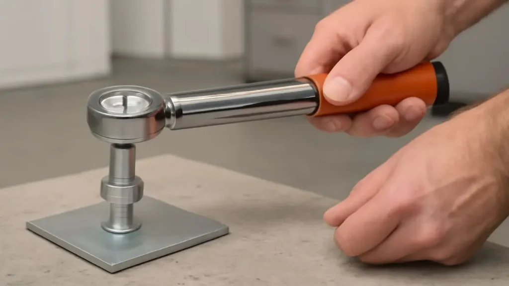 A technician using a torque wrench to correctly tighten an expanding screw on a metal plate.
