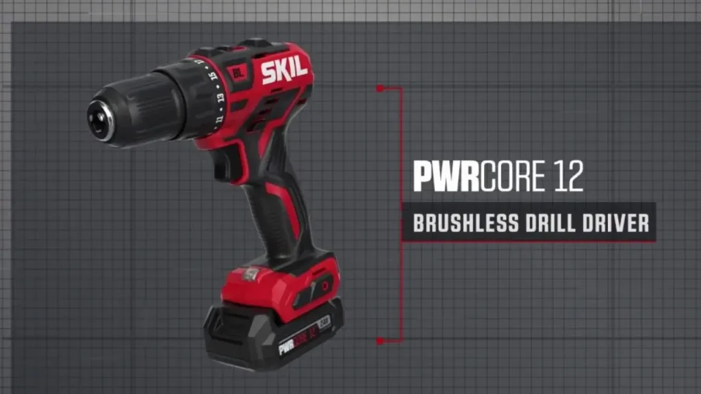 A product shot of the red and black SKIL DL529002 PWRCORE 12V Brushless Drill Driver against a technical grid background.