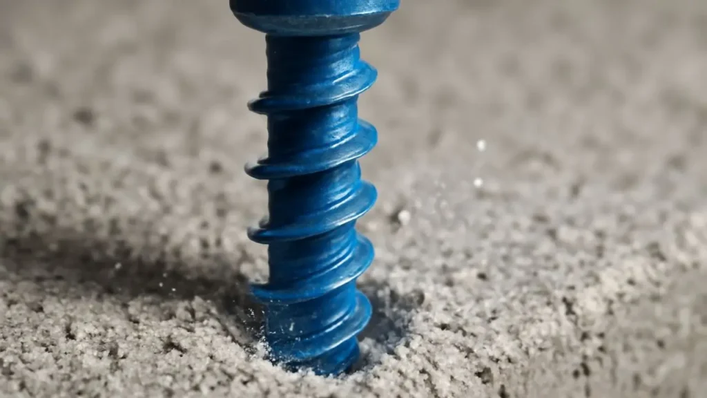 A blue concrete screw being driven directly into concrete, cutting its own threads for a secure mount.