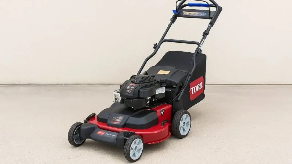 A side profile shot of the red and black Toro Personal Pace TimeMaster 21199 gas push mower on a clean, paved surface.