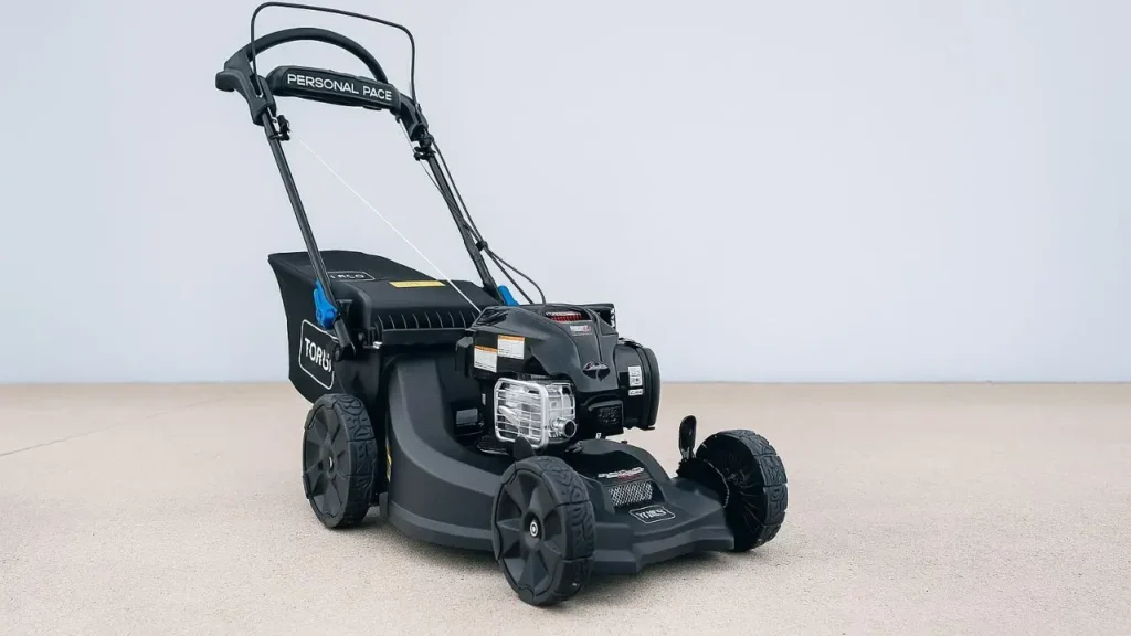 A three-quarter view of the premium, all-black Toro Super Recycler 21565 gas push mower against a clean, light background.