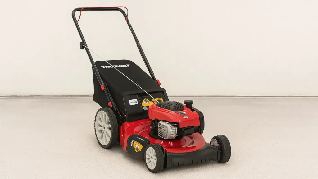 A studio shot of the red and black Troy-Bilt TB125B push mower, showing its large rear wheels and simple, user-friendly design.