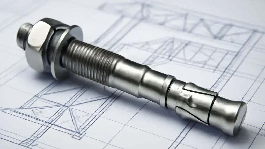 A close-up image of a stainless steel wedge anchor, ideal for connecting structural steel.