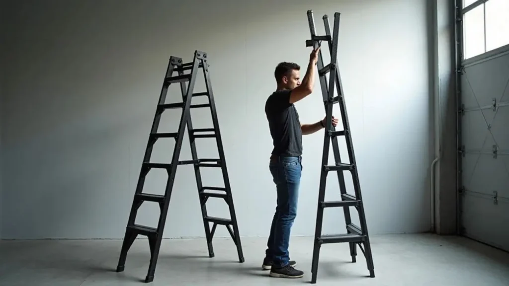 A person setting up a lightweight carbon fiber ladder next to another standing ladder, as reviewed on Smart AI Gears.