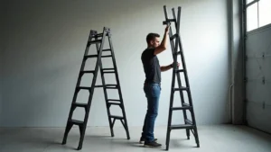 A person setting up a lightweight carbon fiber ladder next to another standing ladder, as reviewed on Smart AI Gears.