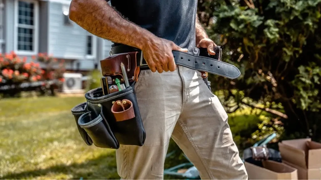 A close-up shot of a person wearing a black and brown leather tool belt with a tan belt and pants, outdoors in front of a house. The pouch is filled with tools and the person is adjusting the belt.