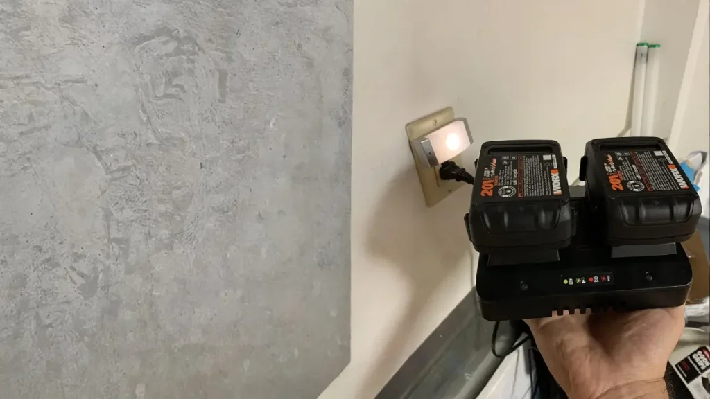 Two 20V batteries charging in a dual-port charger.