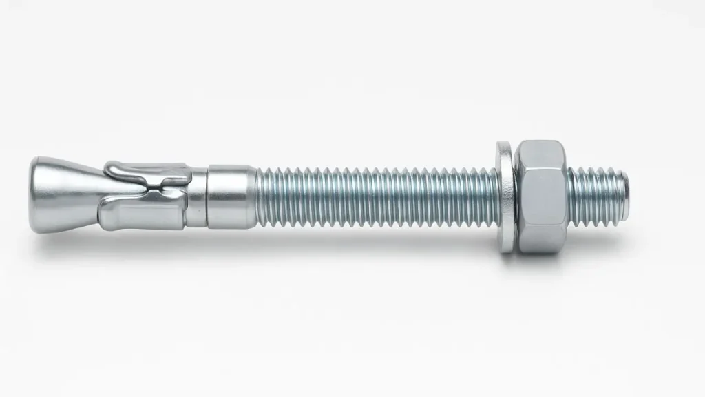 A detailed view of a silver wedge anchor with its expansion clip, threaded stud, nut, and washer.