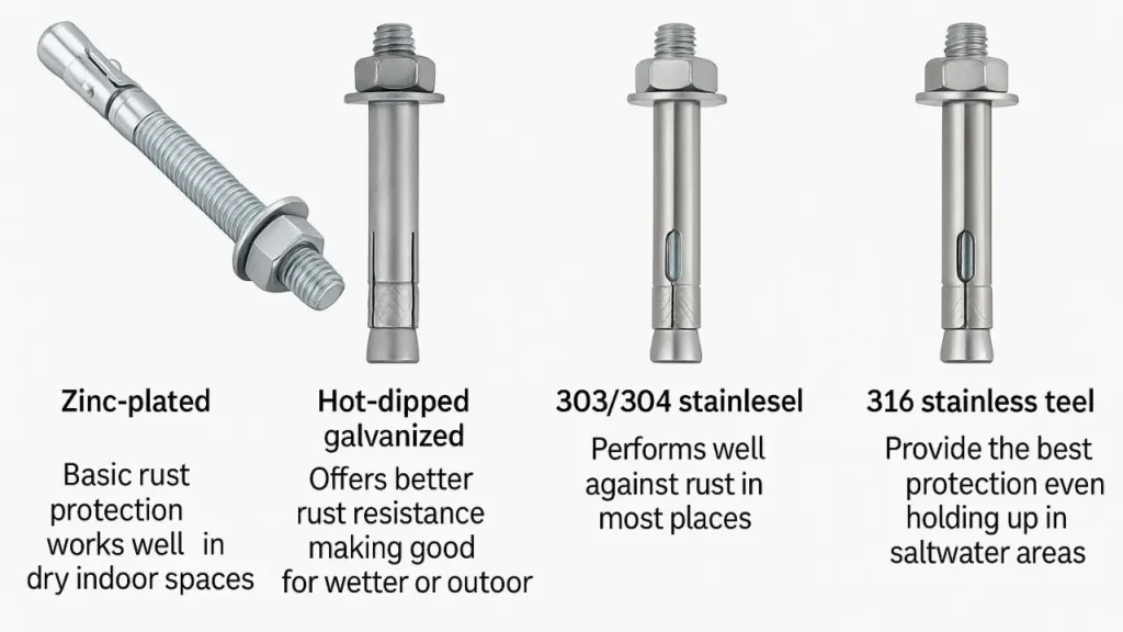 A visual guide comparing zinc-plated, hot-dipped galvanized, 303/304 stainless steel, and 316 stainless steel anchors based on their corrosion resistance and suitable environments.