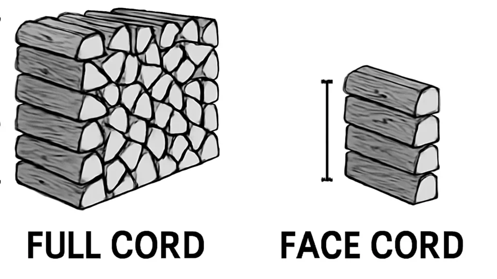 A diagram comparing a full cord of firewood (4 feet deep) with a face cord of wood, which is much shallower.