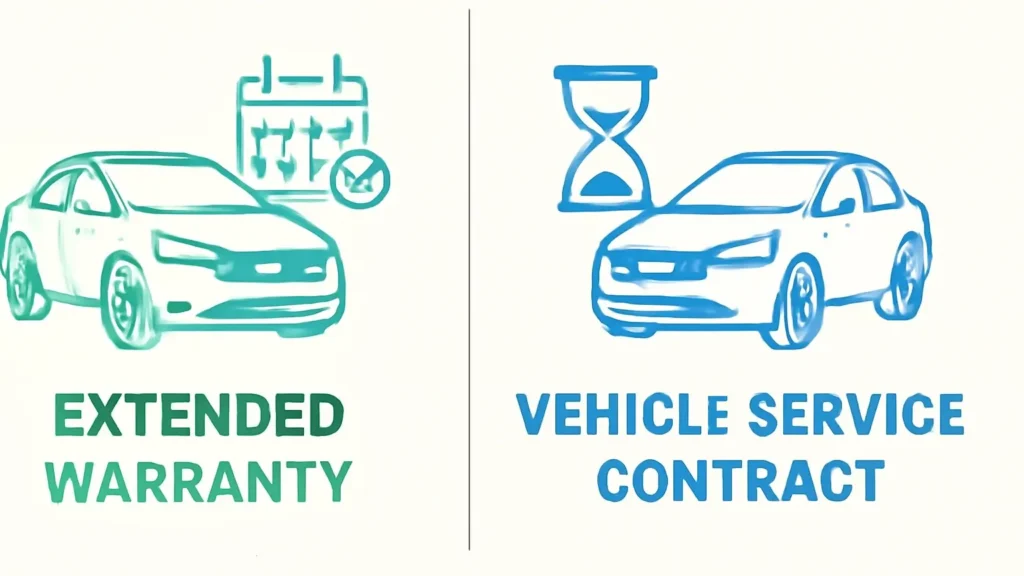 A graphic comparing an extended warranty (from manufacturer) with a vehicle service contract (third-party).