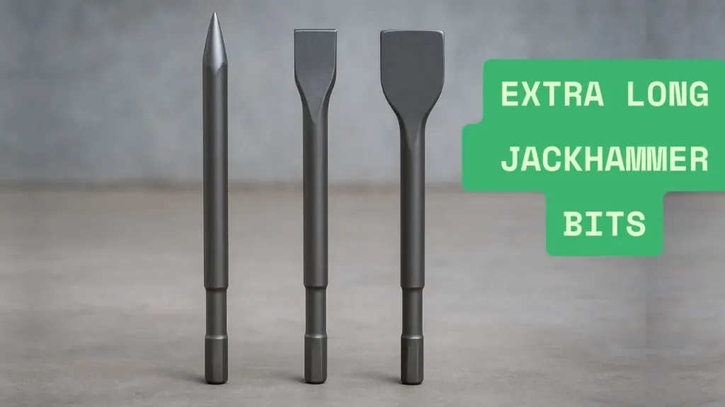 A close-up shot of three extra long jack hammer bits—a moil point, a chisel, and a spade bit—lined up on a surface, as reviewed on Smart AI Gears.