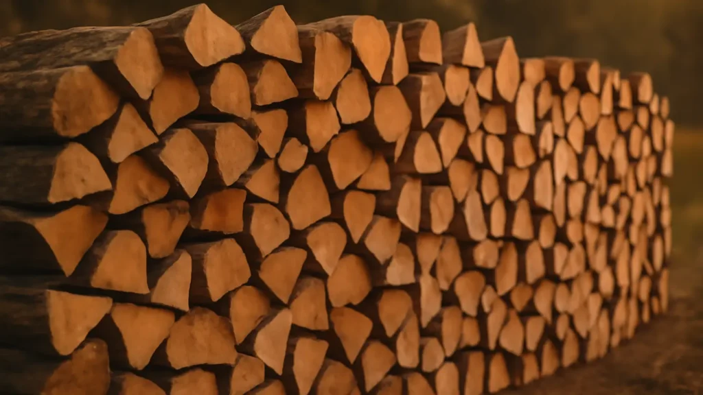 A large, neatly stacked pile of firewood ready for winter, lit by warm evening light. Guide on Smart AI Gears.