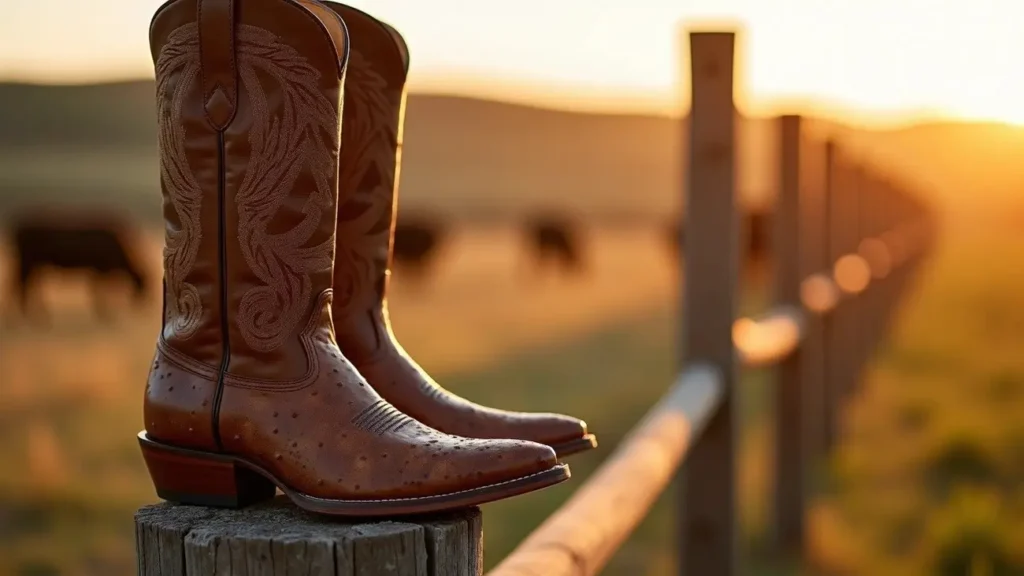 A pair of Horsepower Top Hand boots with full quill ostrich leather uppers resting on a wooden fence post in a pasture with cattle in the background at sunset. Smart AI Gears
