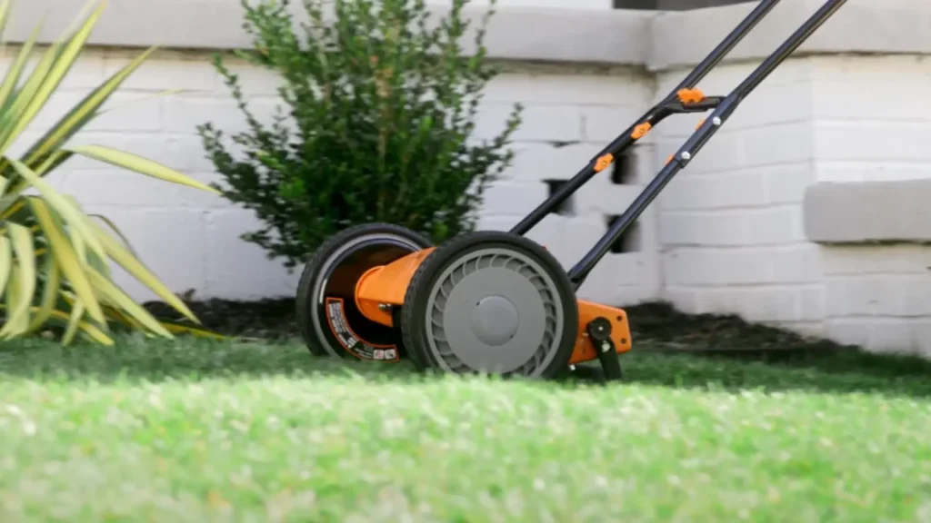 A manual push lawn mower cutting a neat and tidy lawn.