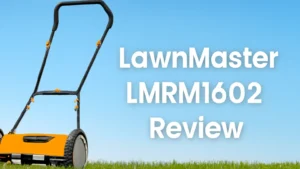 A professionally designed banner for the blog post titled LawnMaster LMRM1602 Review. Smart AI Gears.