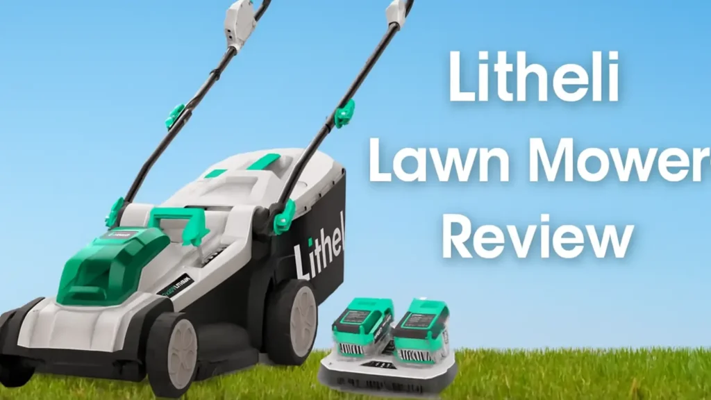 A Litheli lawn mower and its batteries, with text that reads "Litheli Lawn Mower Review." A great gas alternative. Smart AI Gears.