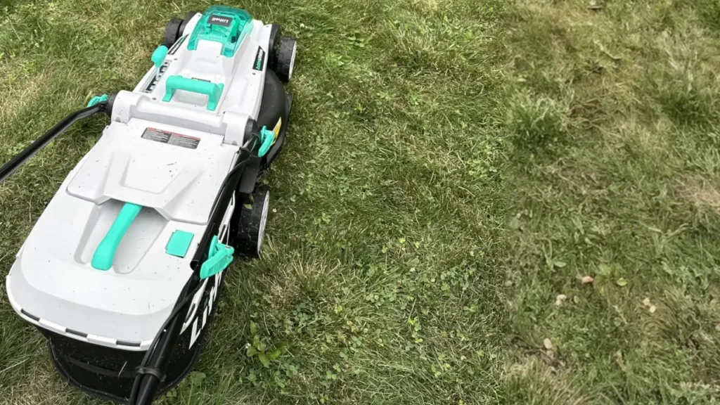 A Litheli lawn mower is cutting a patch of taller, unkempt grass in a backyard.