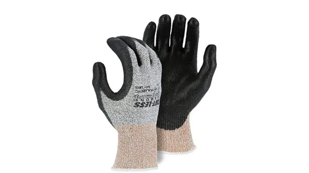 A pair of Metal Work Gloves Majestic 3437 gloves, showing the gray knit Dyneema shell and the black polyurethane-coated palm for grip.